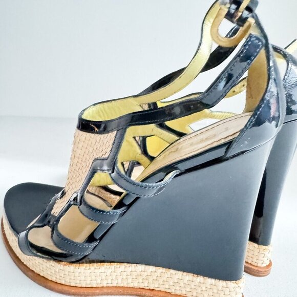 Pollini Raffia Patent Leather Navy Blue Wedge Summer Heels 40 - Picture 6 of 8